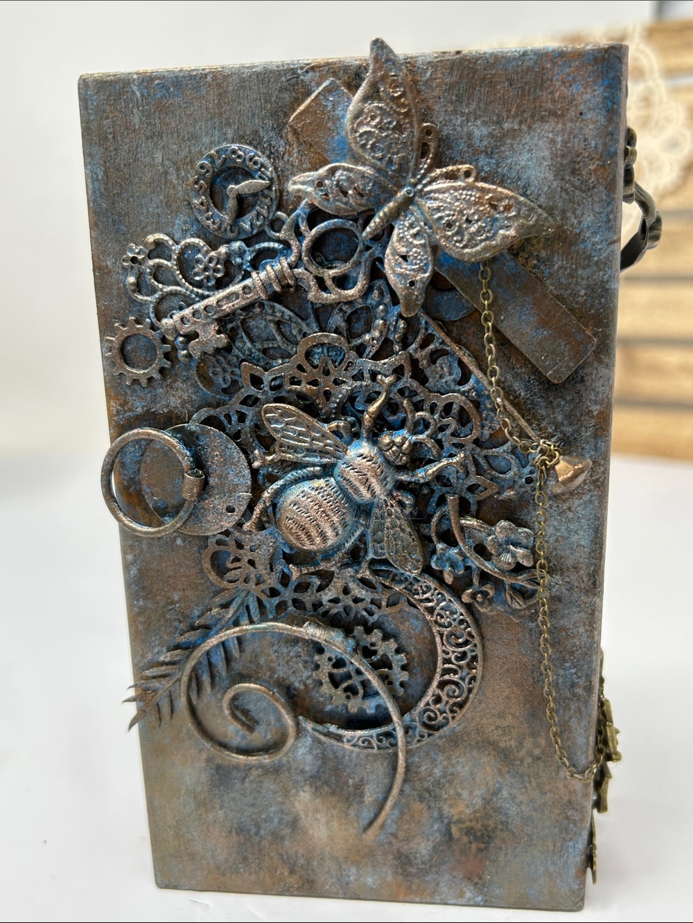 Steampunk Metal Accent Wood Piece with Bee Motif - Bronze Blue Patina - Picture 8 of 9
